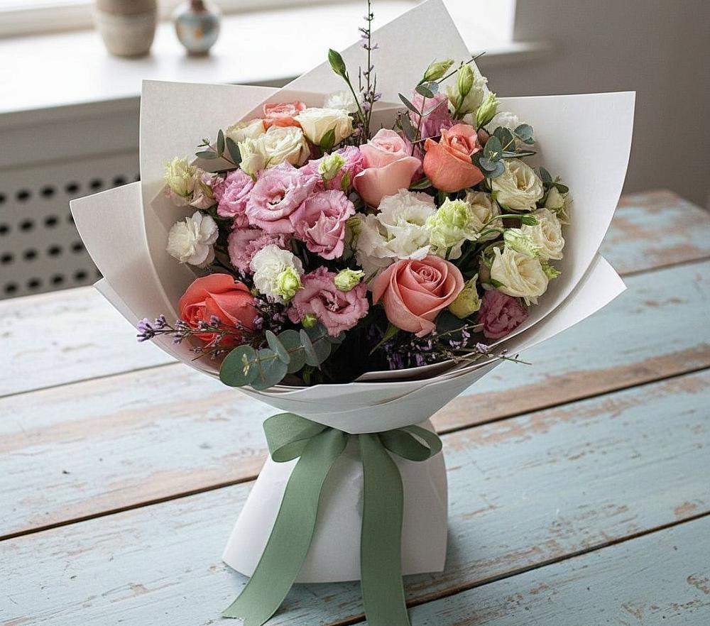 Букет цветов из: Розы, Лизиантусы и Гвоздики в Верее