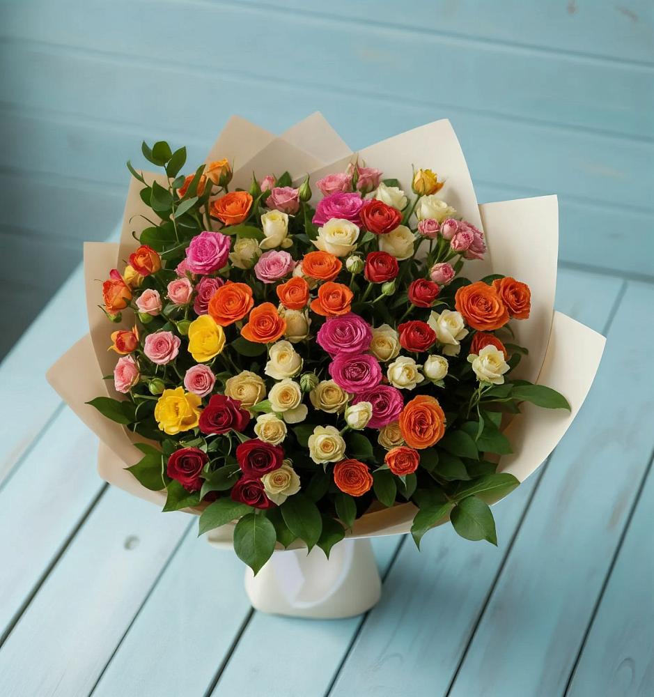 Букет Микс из разноцветных кустовых роз в Верее